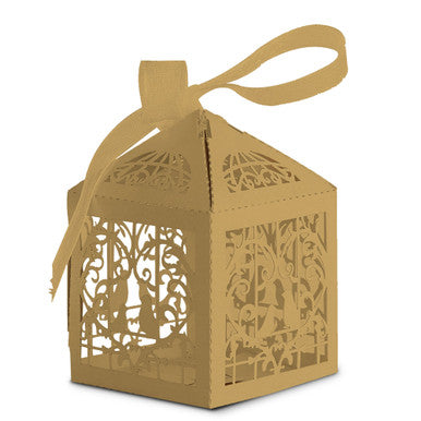 50x Laser Cut Love Heart & Doves Favours Box with Organza Ribbon - Gold