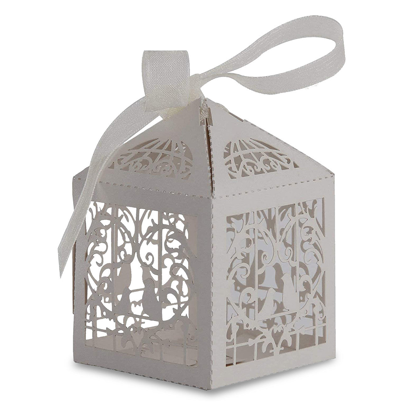 50x Laser Cut Love Heart & Doves Favours Box with Organza Ribbon - Silver