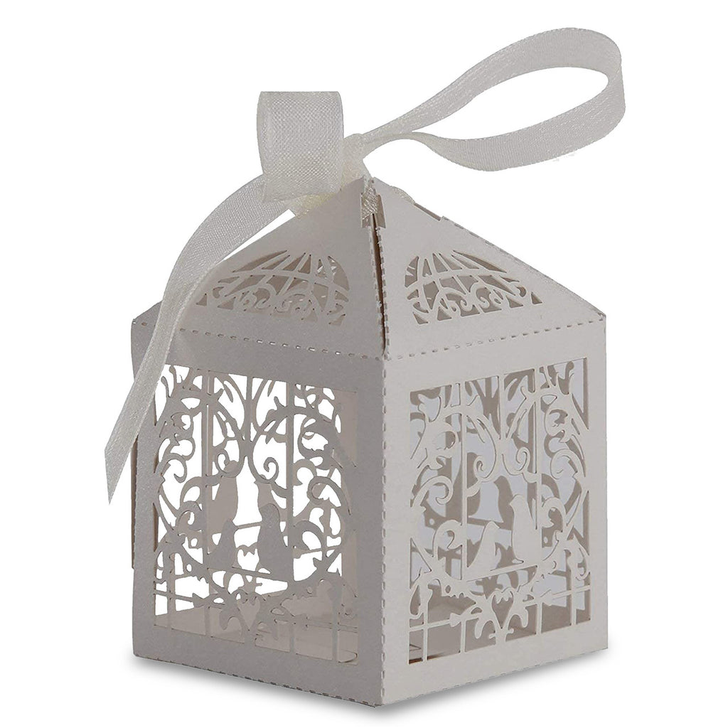 50x Laser Cut Love Heart & Doves Favours Box with Organza Ribbon - Silver