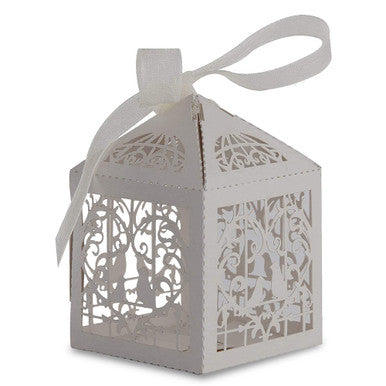 50x Laser Cut Love Heart & Doves Favours Box with Organza Ribbon - Silver