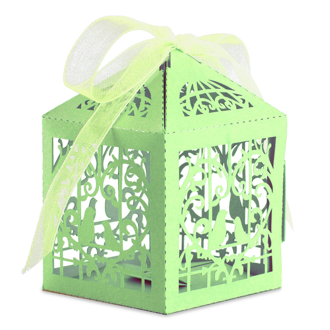 50x Laser Cut Love Heart & Doves Favours Box with Organza Ribbon - Green