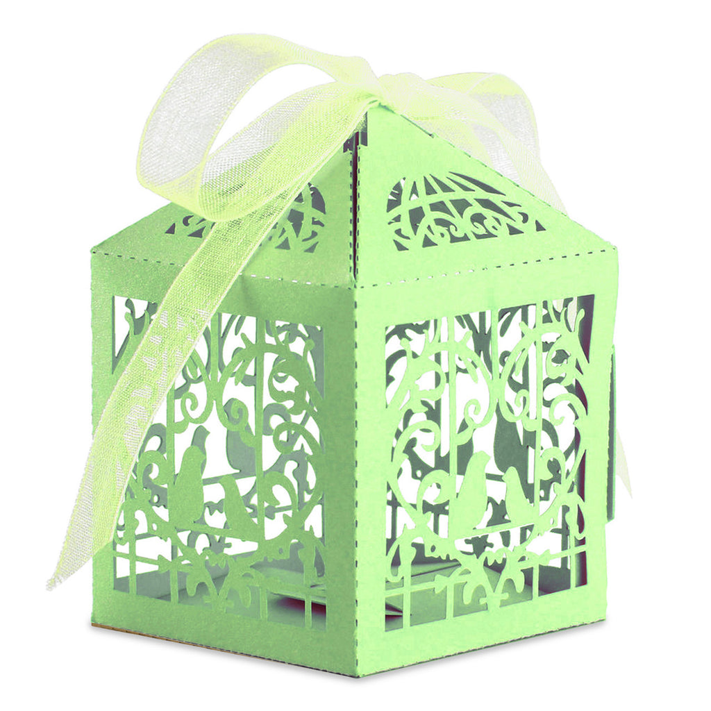 50x Laser Cut Love Heart & Doves Favours Box with Organza Ribbon - Green