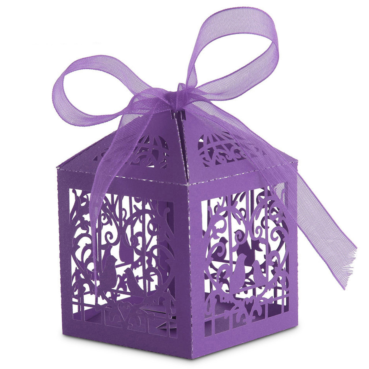 50x Laser Cut Love Heart & Doves Favours Box with Organza Ribbon - Dark Purple