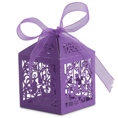 50x Laser Cut Love Heart & Doves Favours Box with Organza Ribbon - Dark Purple