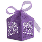 50x Laser Cut Love Heart & Doves Favours Box with Organza Ribbon - Dark Purple