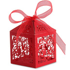 50x Laser Cut Love Heart & Doves Favours Box with Organza Ribbon - Red