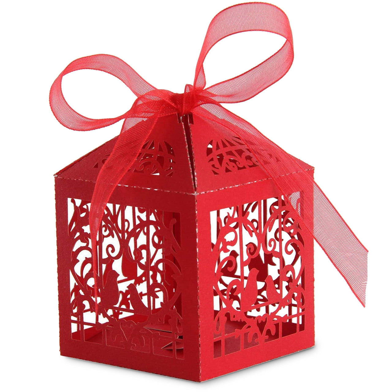 50x Laser Cut Love Heart & Doves Favours Box with Organza Ribbon - Red