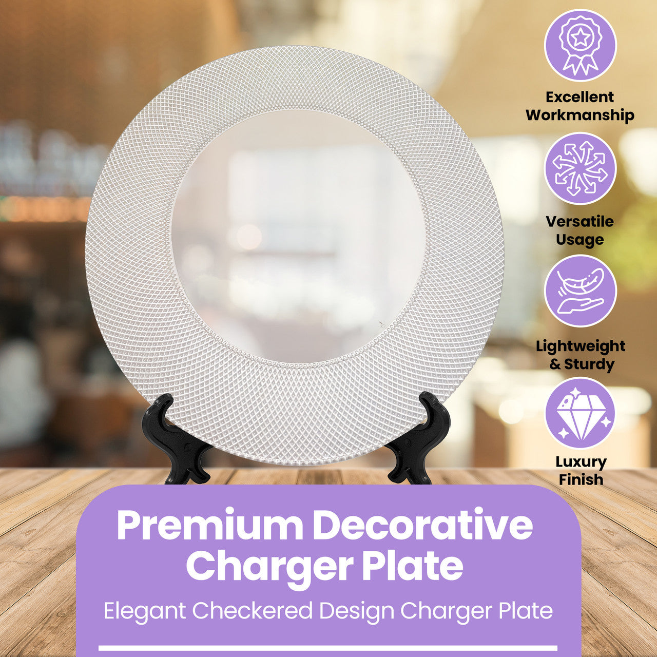 Round Charger Plate - Checkered Silver x 6