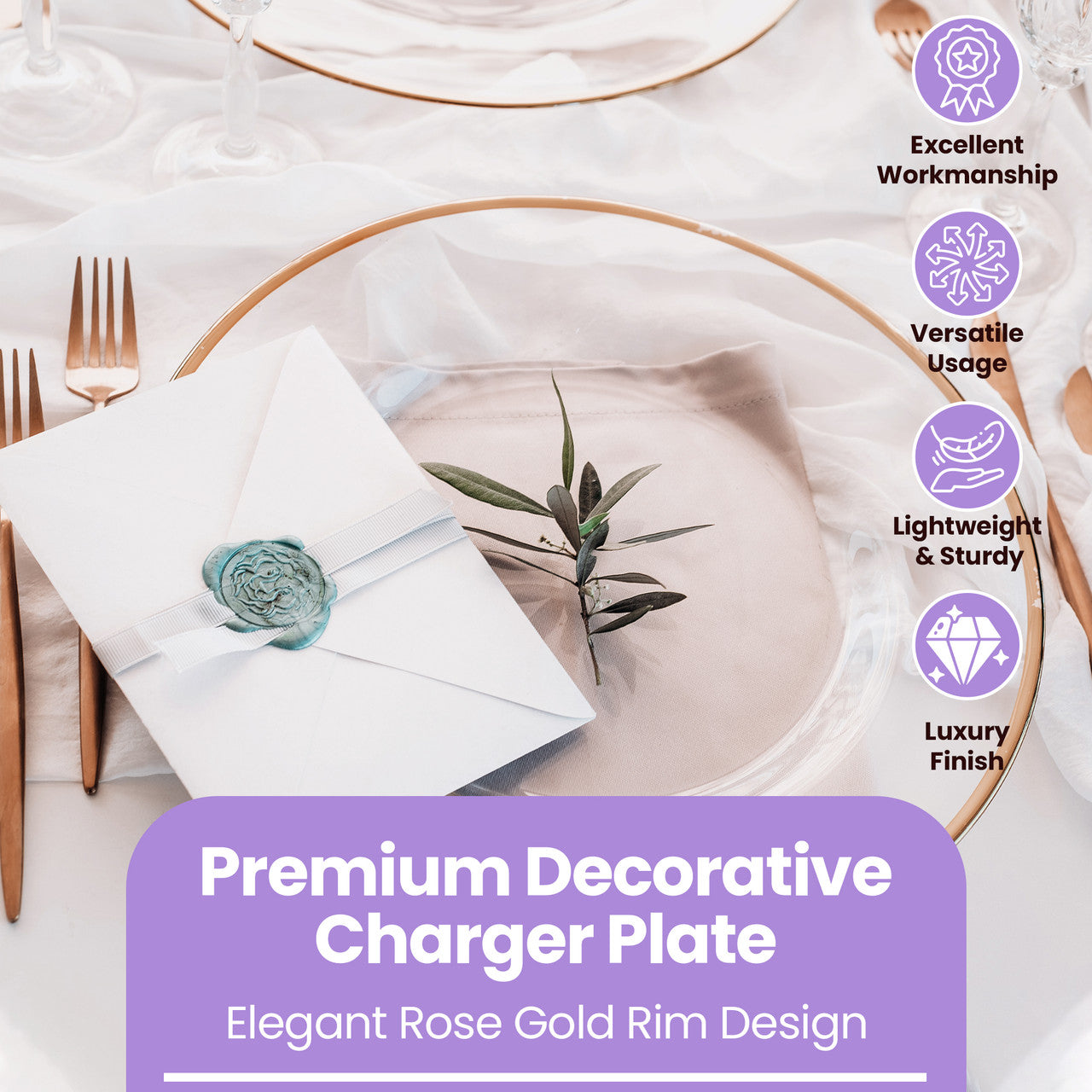 Round Charger Plate - Clear with Rose Gold Trim x 6