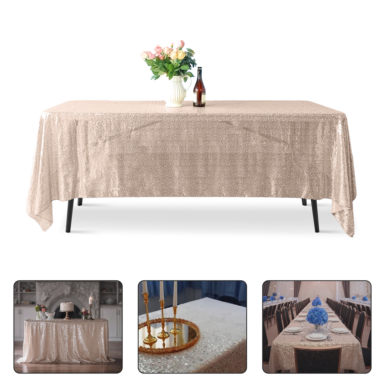 Sequin Rectangle Sparkly Tablecloth - Rose Gold