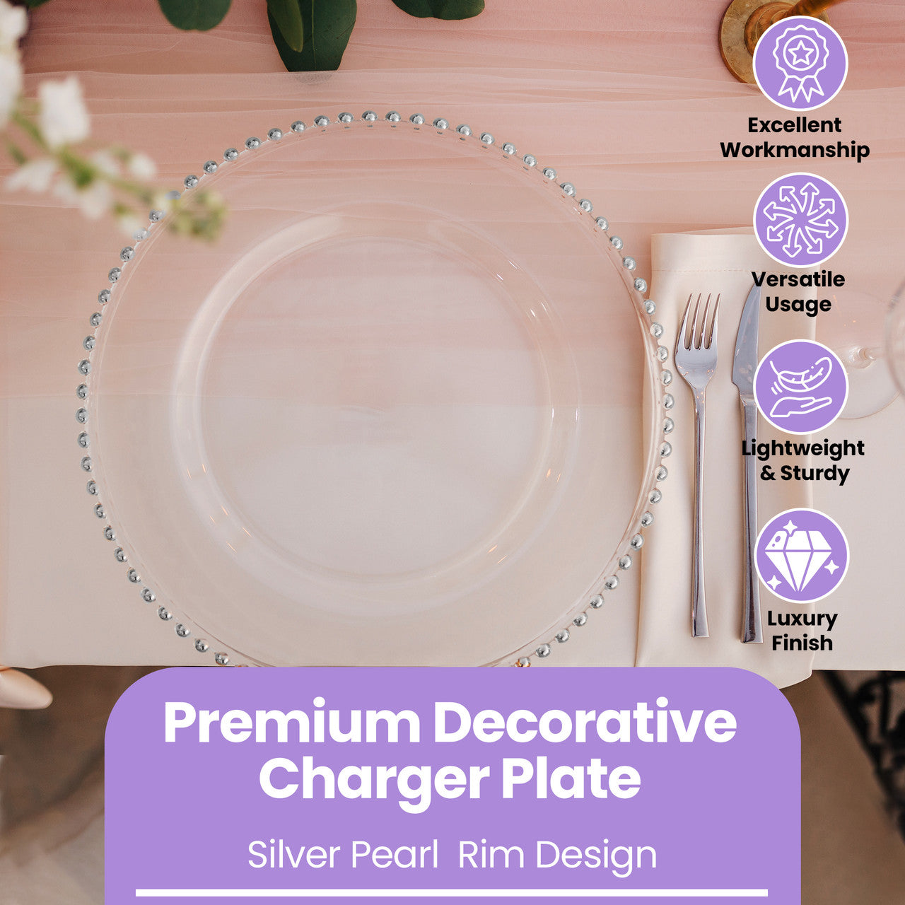 13" Acrylic Charger Plate - Clear With Silver Beads