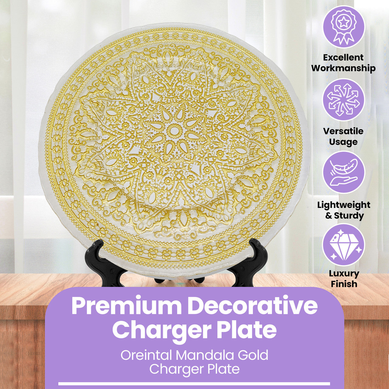 13" Round Charger Plate - Mandala Flower Gold