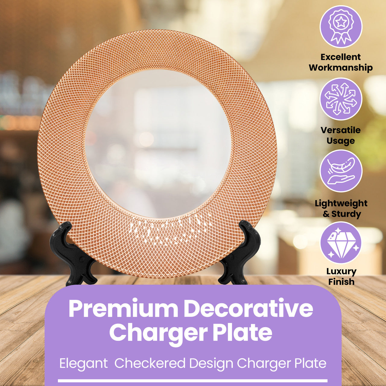 Round Charger Plate - Checkered Rose Gold x 6