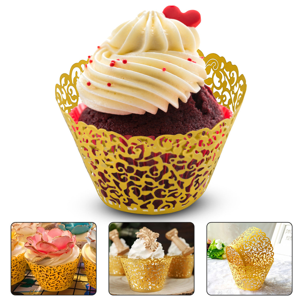 25x Laser Cut Cupcake Wrappers - Gold