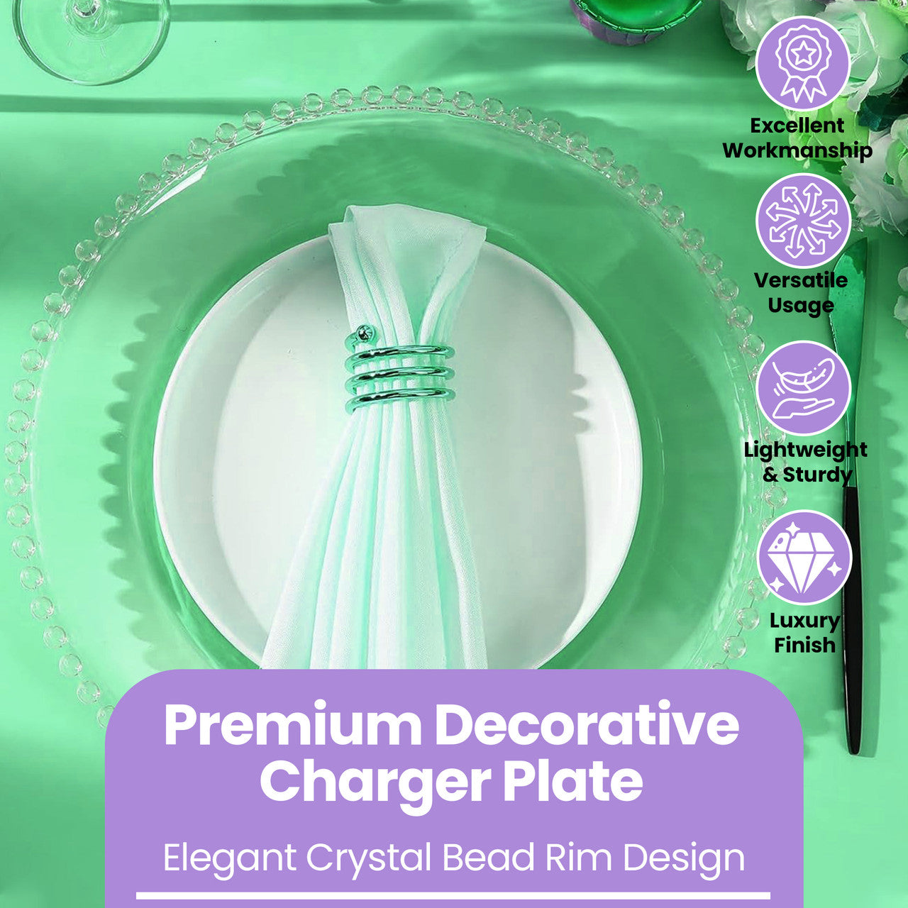13" Round Charger Plate - Clear with Clear Beads