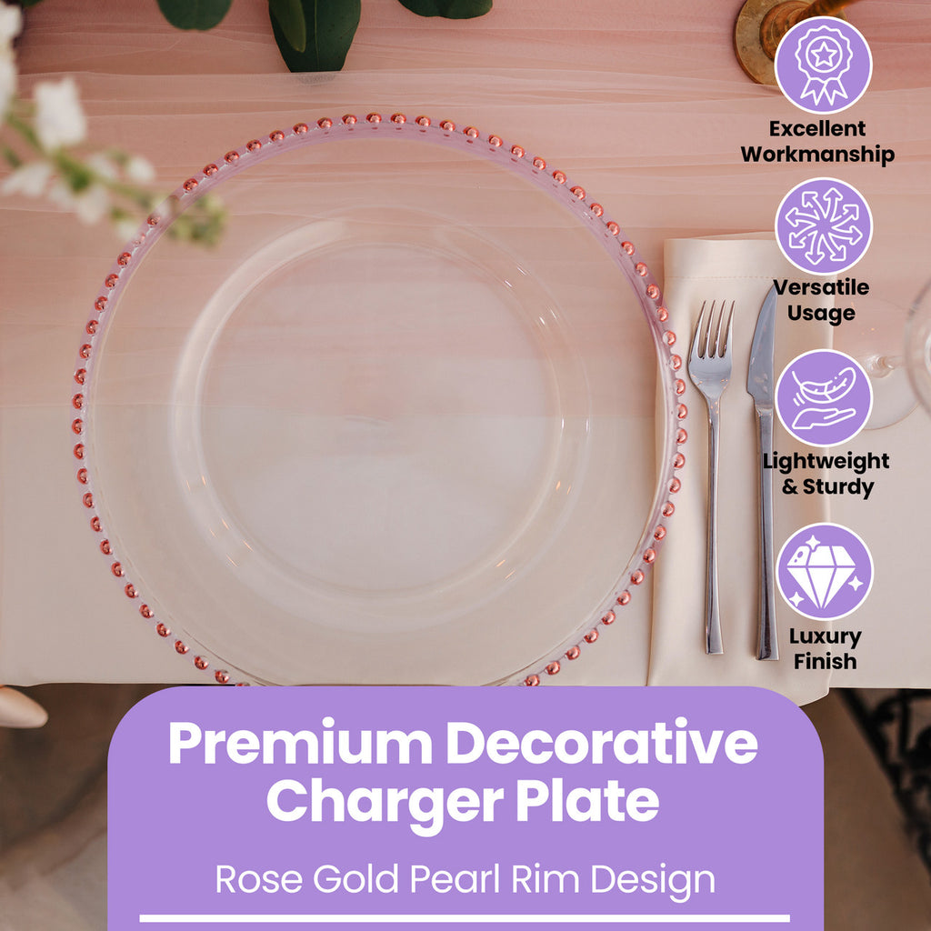 Round Charger Plate - Clear with Rose Gold Beads x 6