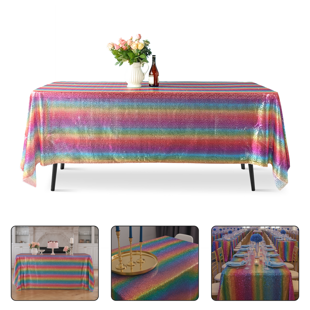 Sequin Rectangle Sparkly Tablecloth - Rainbow