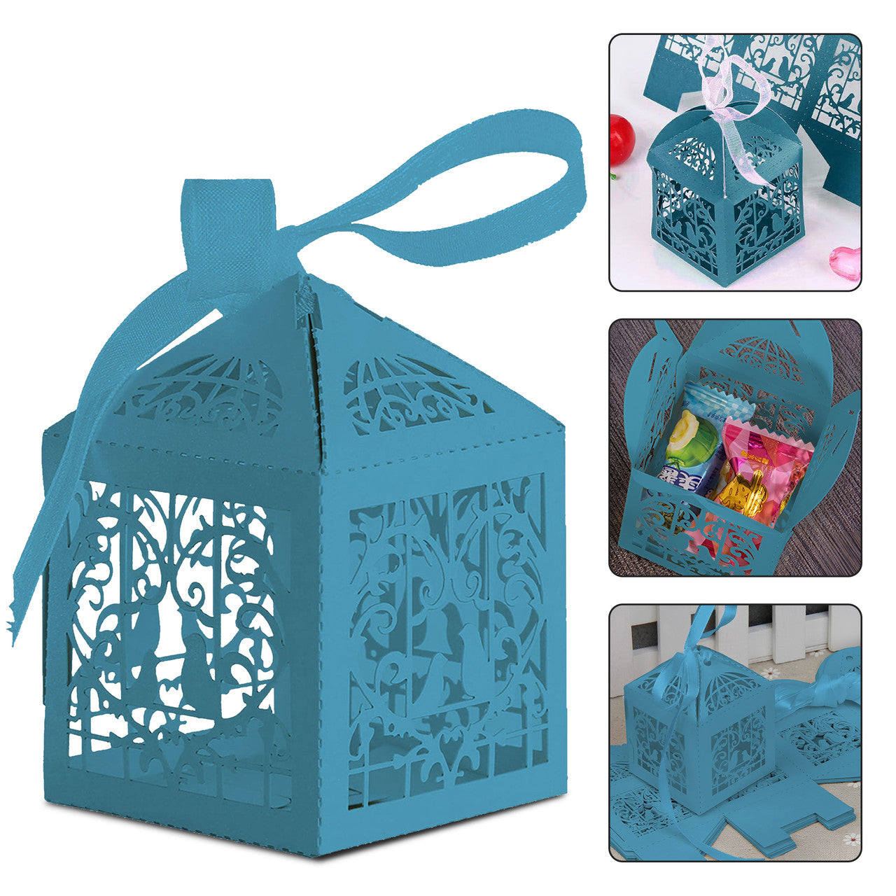50x Laser Cut Love Heart & Doves Favours Box with Organza Ribbon - Sky Blue