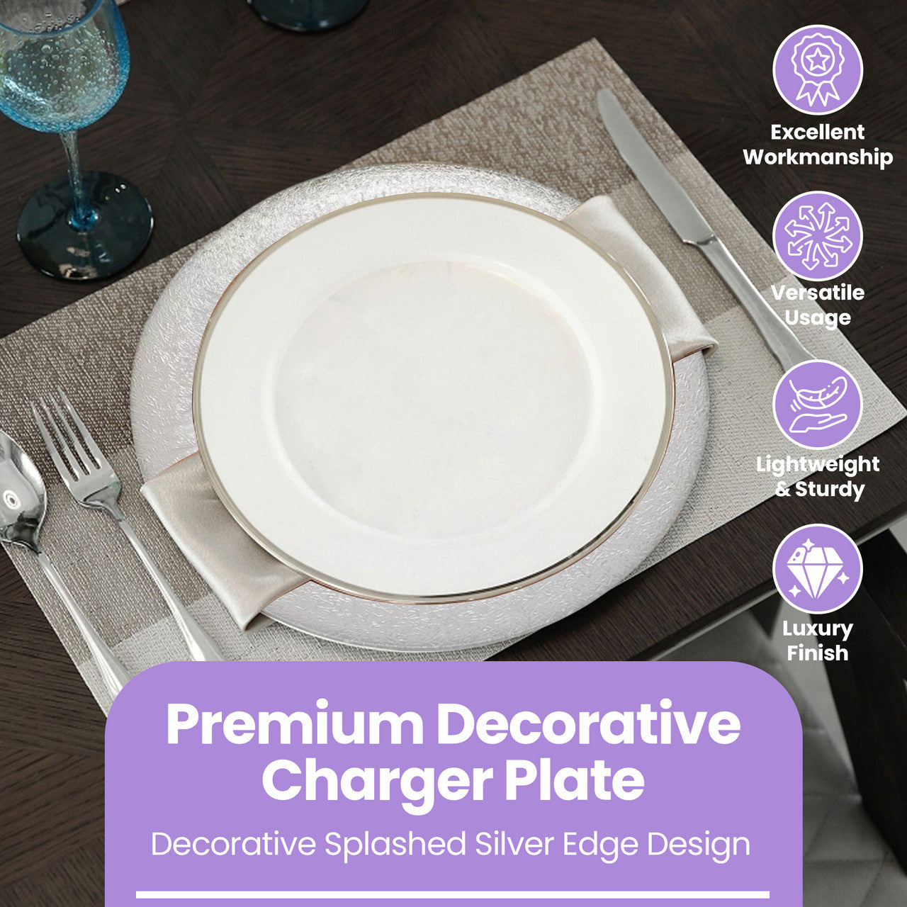 13" Round Charger Plate - Clear with Silver Textured Trim