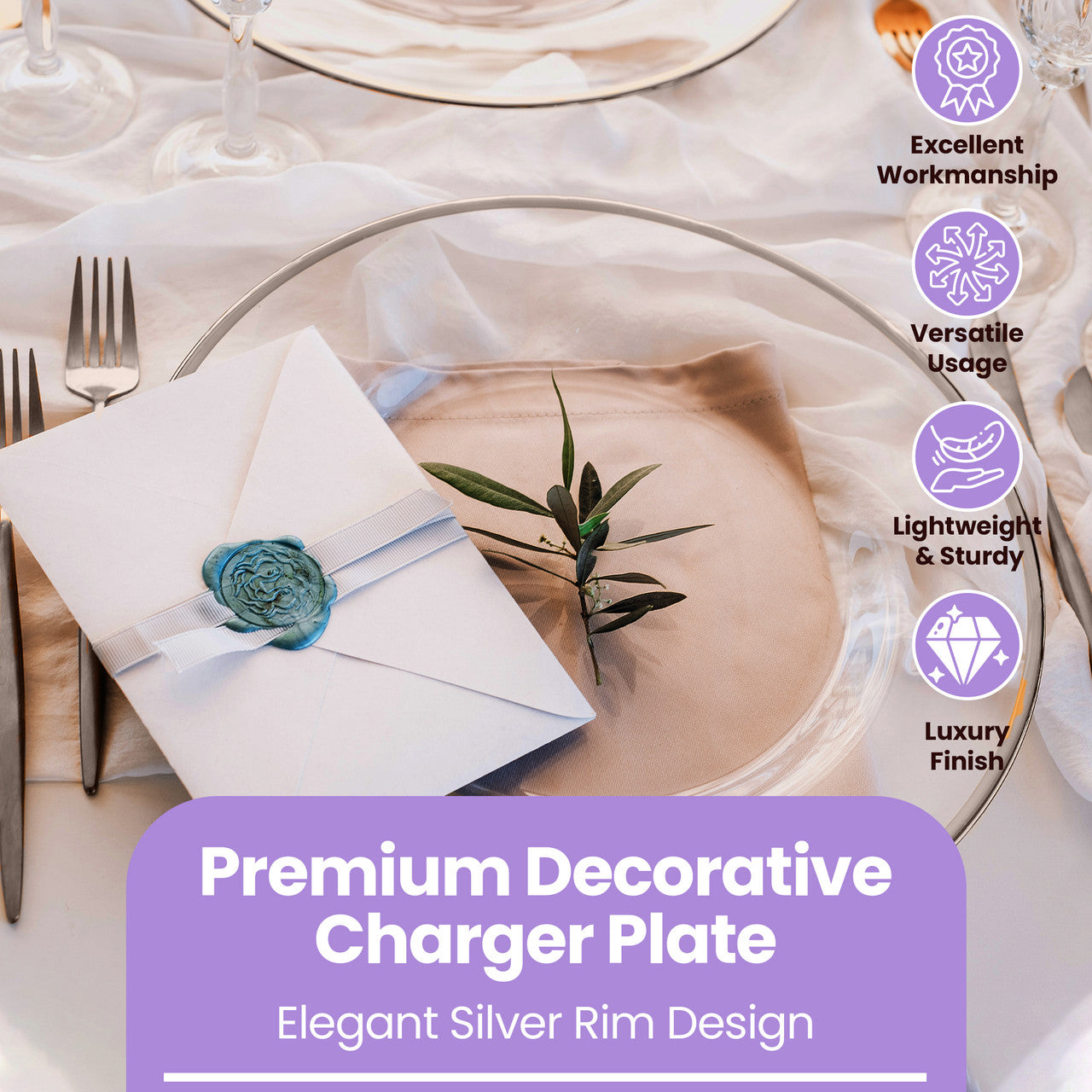 13" Round Charger Plate - Clear with Silver Trim