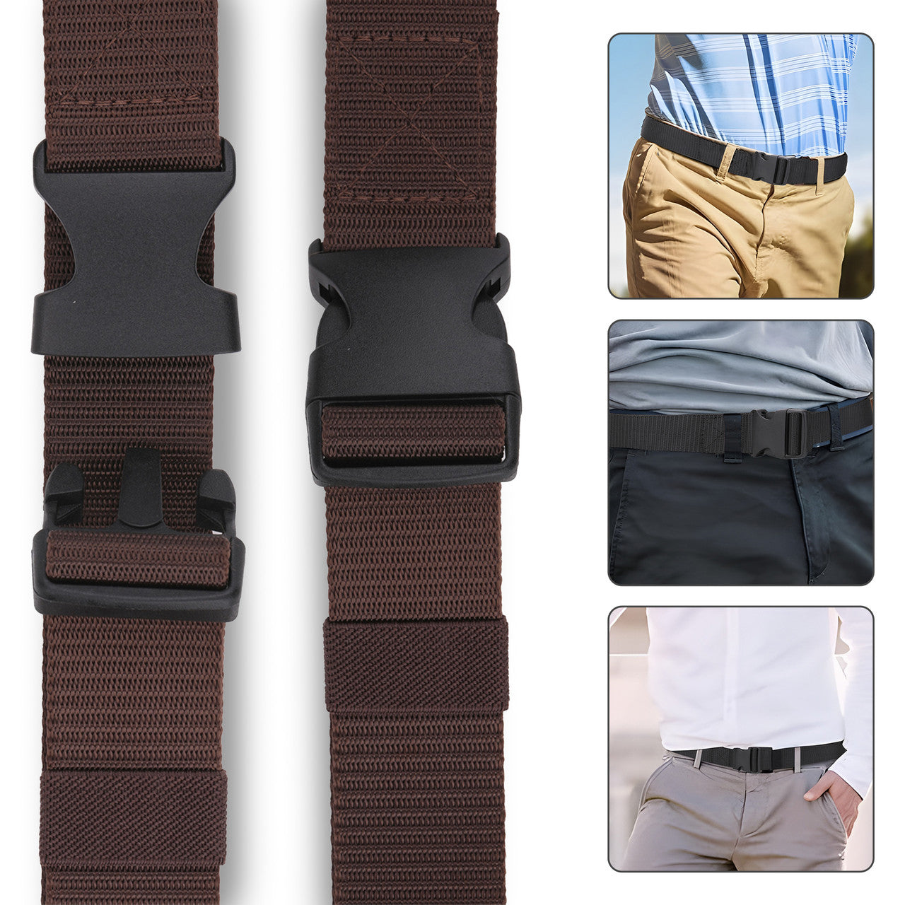 Webbing Canvas Belt with Plastic Clip Buckle - Brown