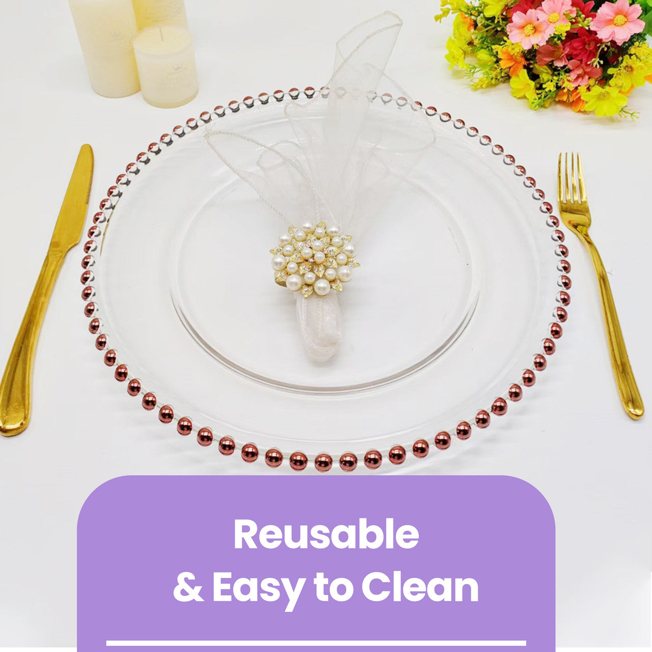 13" Round Charger Plate - Clear with Rose Gold Beads