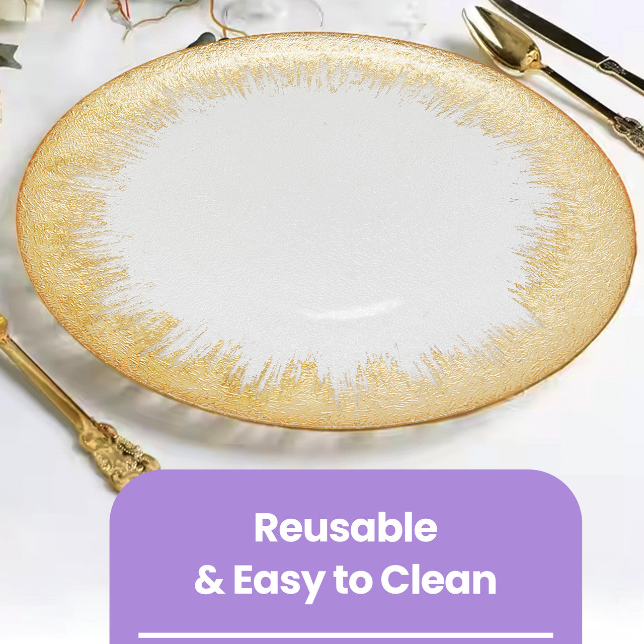 13" Round Charger Plate - Clear with Gold Textured Trim
