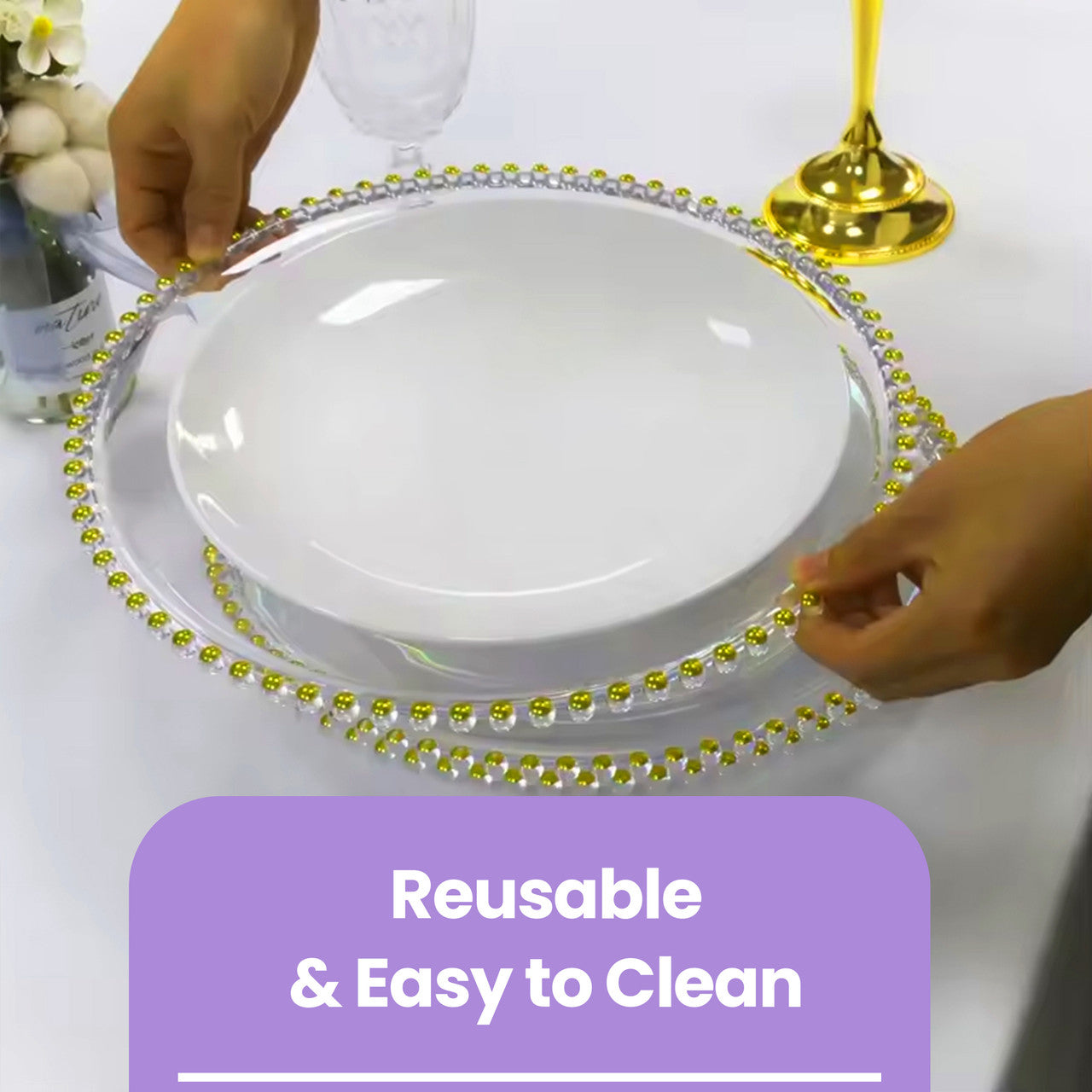 13" Acrylic Charger Plate - Clear With Gold Beads