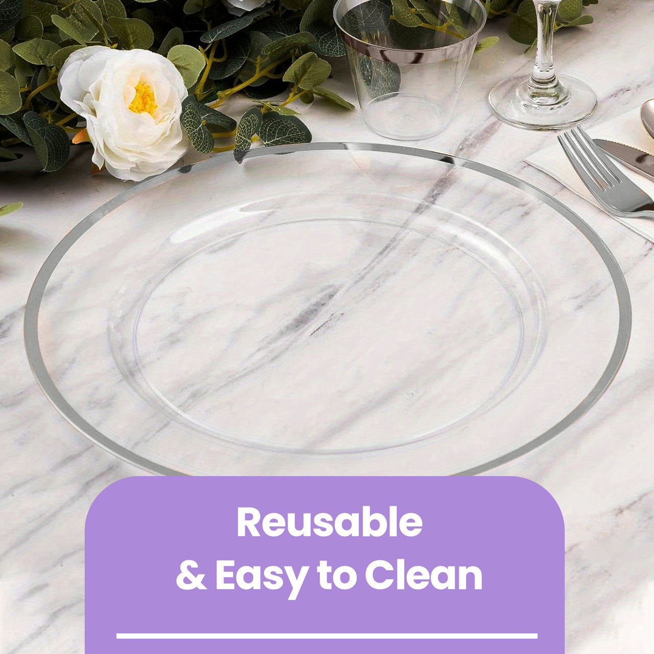13" Round Charger Plate - Clear with Silver Trim