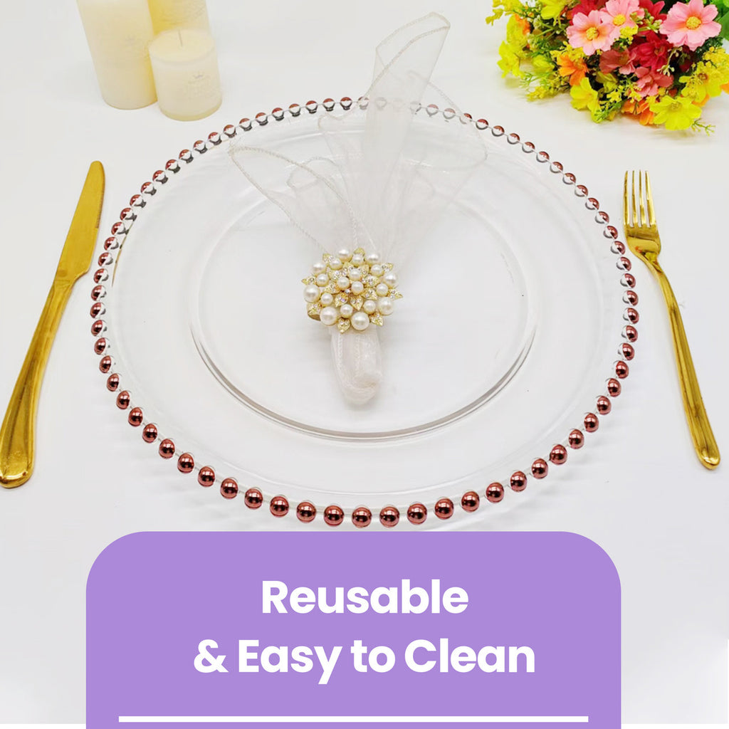 Round Charger Plate - Clear with Rose Gold Beads x 6