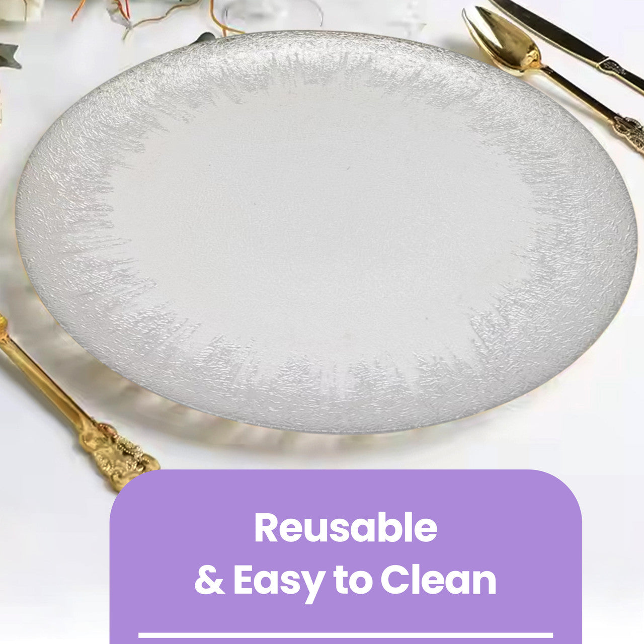 13" Round Charger Plate - Clear with Silver Textured Trim