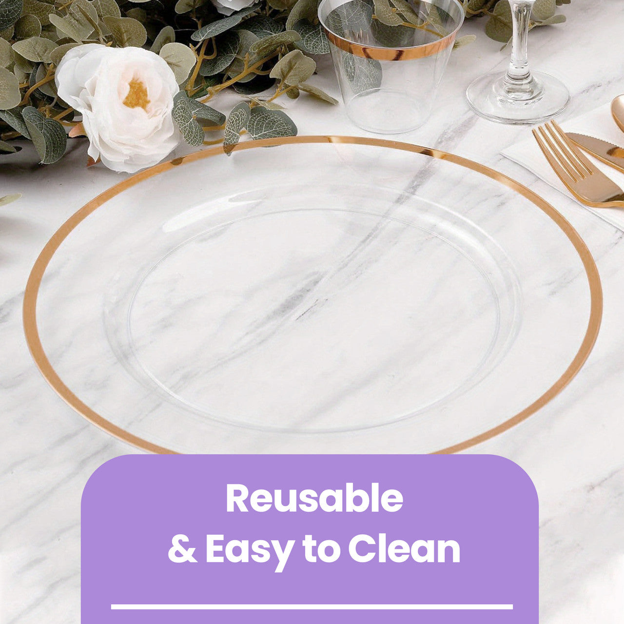 13" Round Charger Plate - Clear with Rose Gold Trim