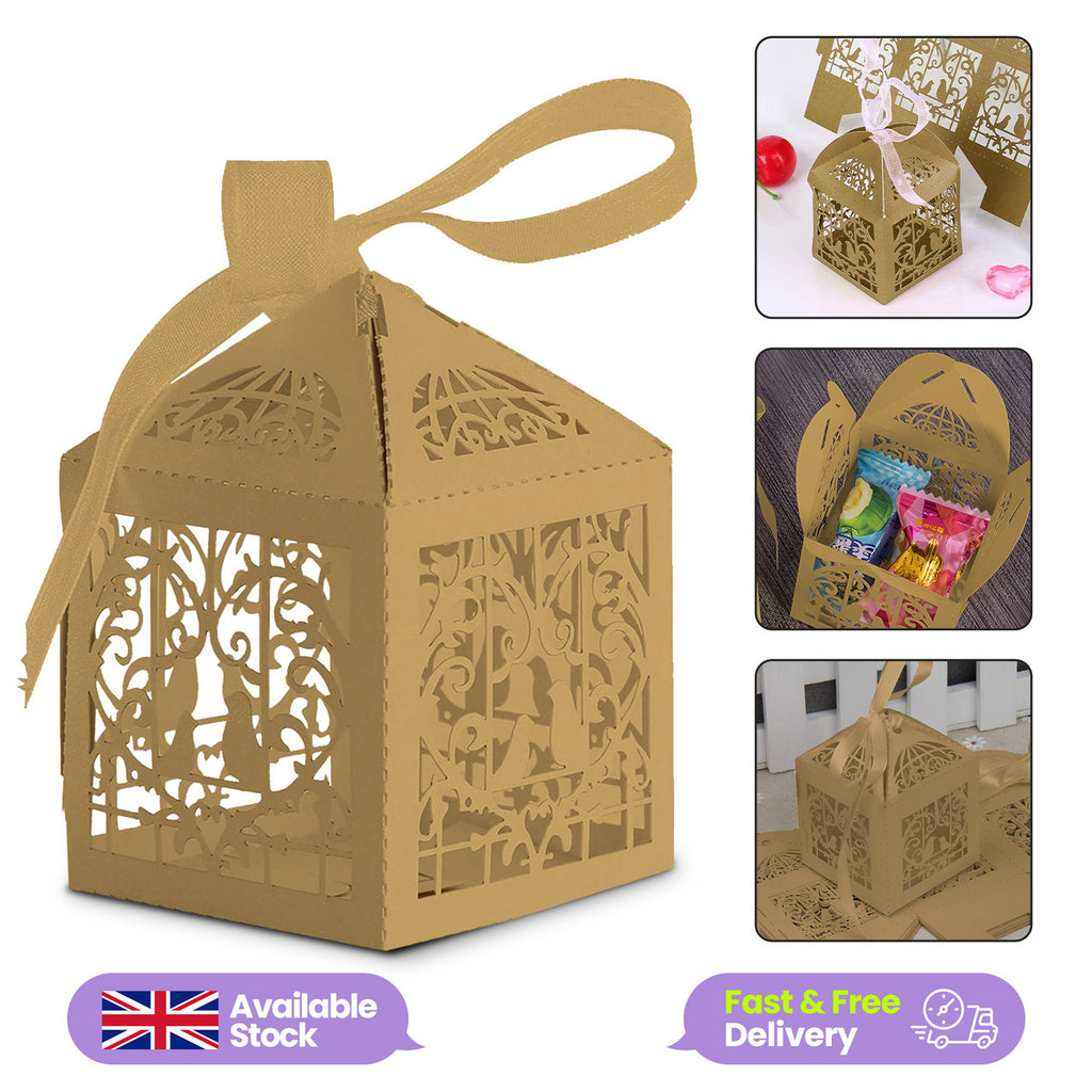 50x Laser Cut Love Heart & Doves Favours Box with Organza Ribbon - Gold