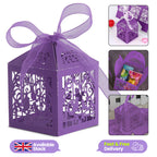 50x Laser Cut Love Heart & Doves Favours Box with Organza Ribbon - Dark Purple