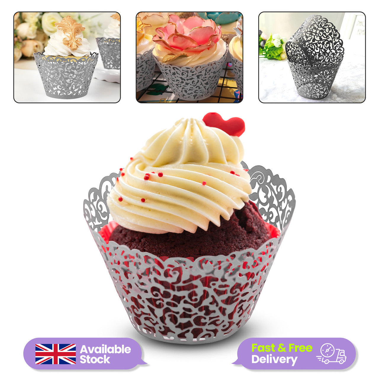 25x Laser Cut Cupcake Wrappers - Silver