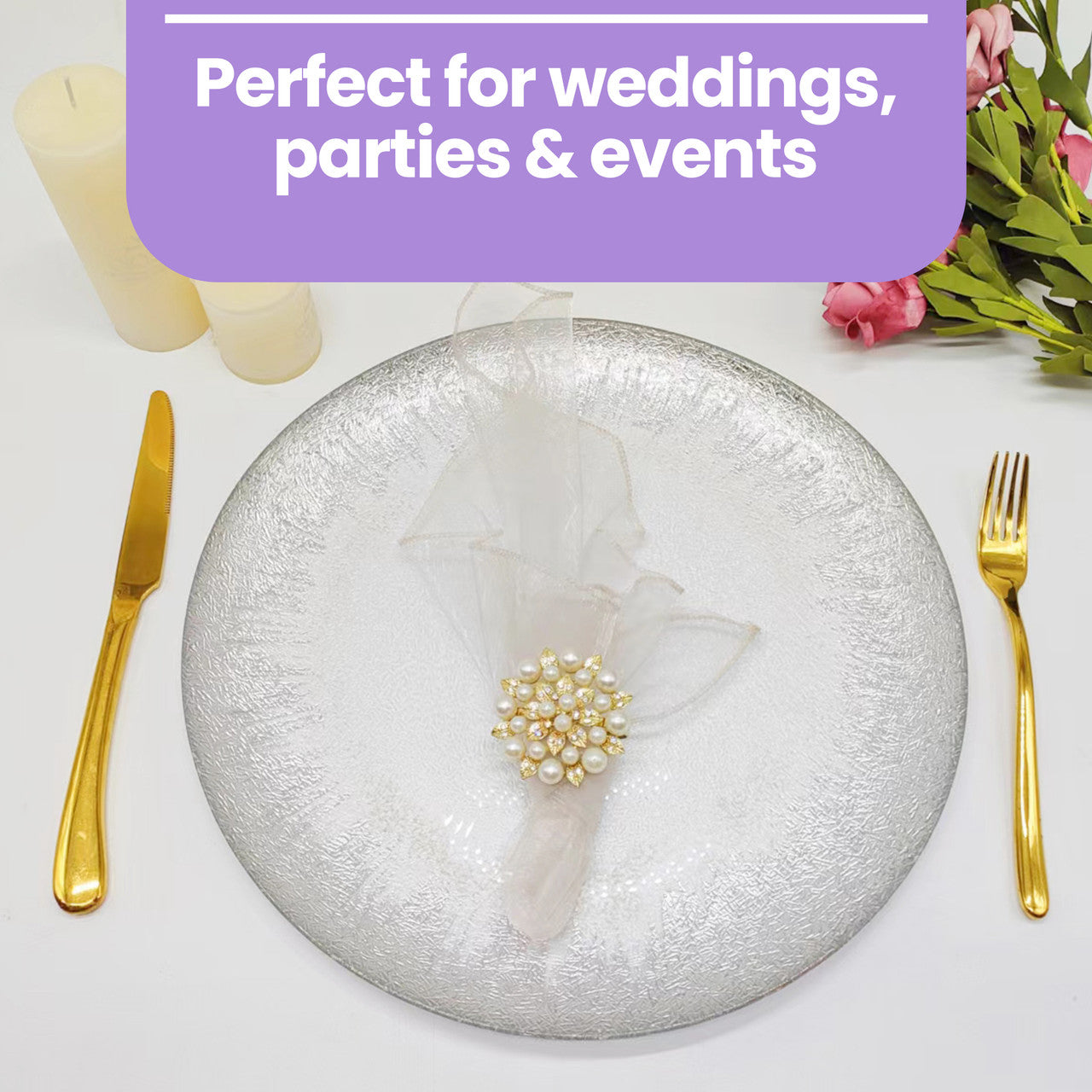 Round Charger Plate - Clear with Silver Textured Trim x 6