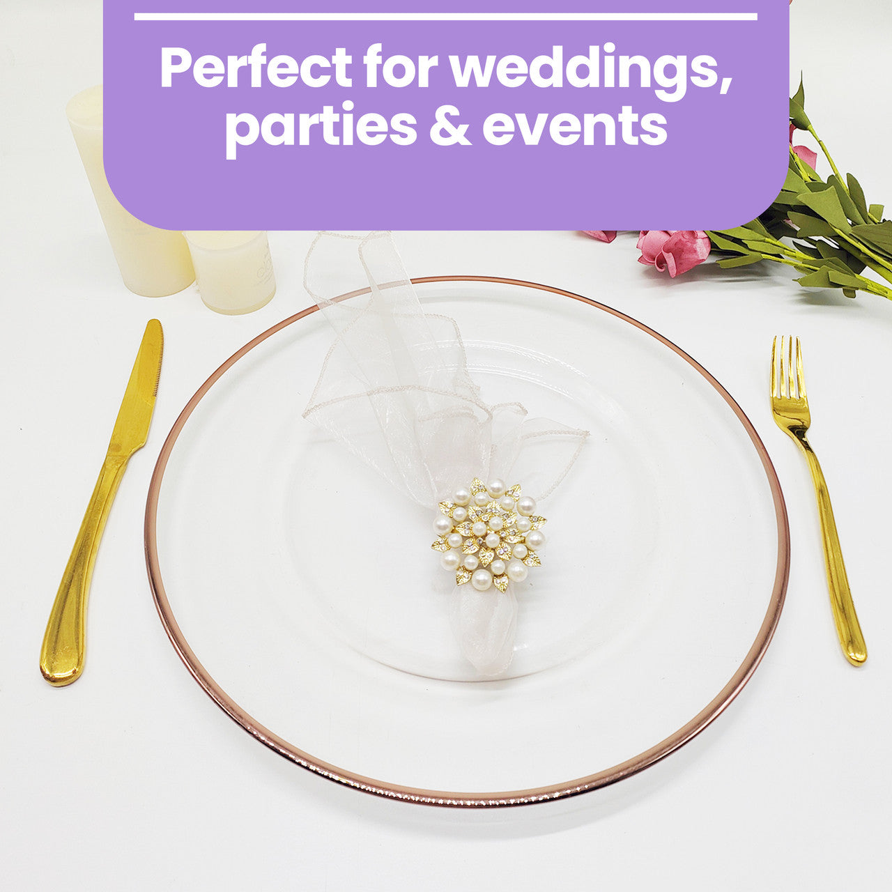 13" Round Charger Plate - Clear with Rose Gold Trim