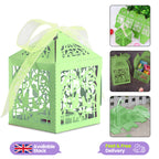 50x Laser Cut Love Heart & Doves Favours Box with Organza Ribbon - Green