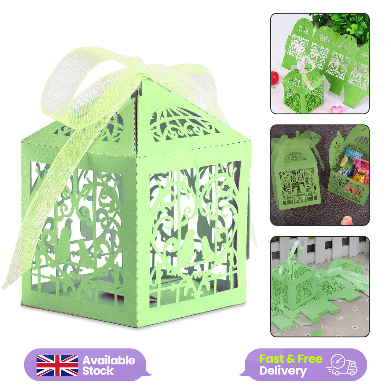 50x Laser Cut Love Heart & Doves Favours Box with Organza Ribbon - Green