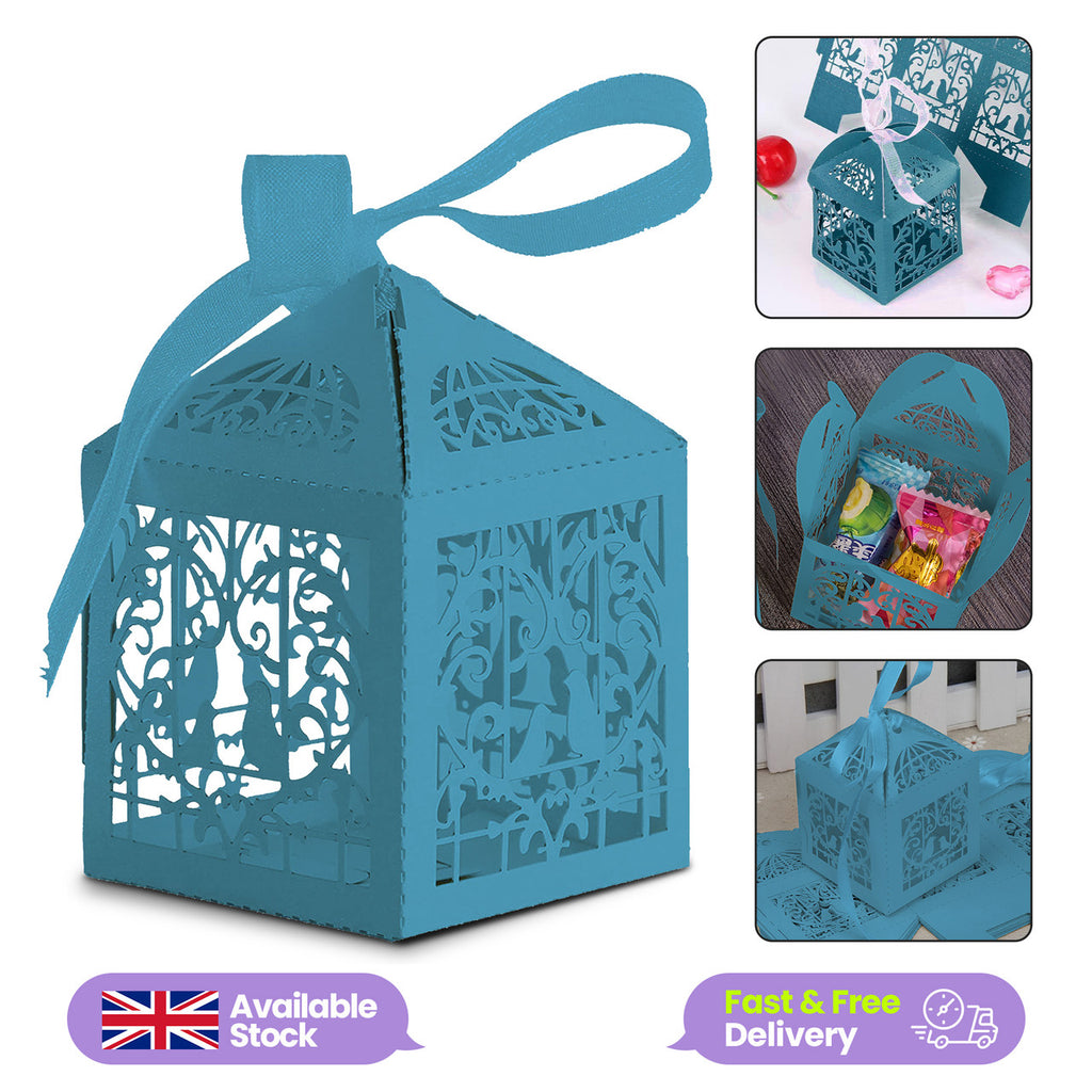 50x Laser Cut Love Heart & Doves Favours Box with Organza Ribbon - Sky Blue