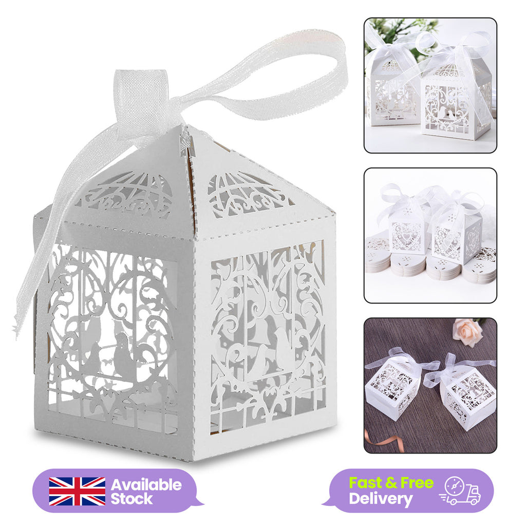 50x Laser Cut Love Heart & Doves Favours Box with Organza Ribbon - White
