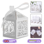 50x Laser Cut Love Heart & Doves Favours Box with Organza Ribbon - White