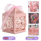 50x Laser Cut Love Heart & Doves Favours Box with Organza Ribbon - Pink
