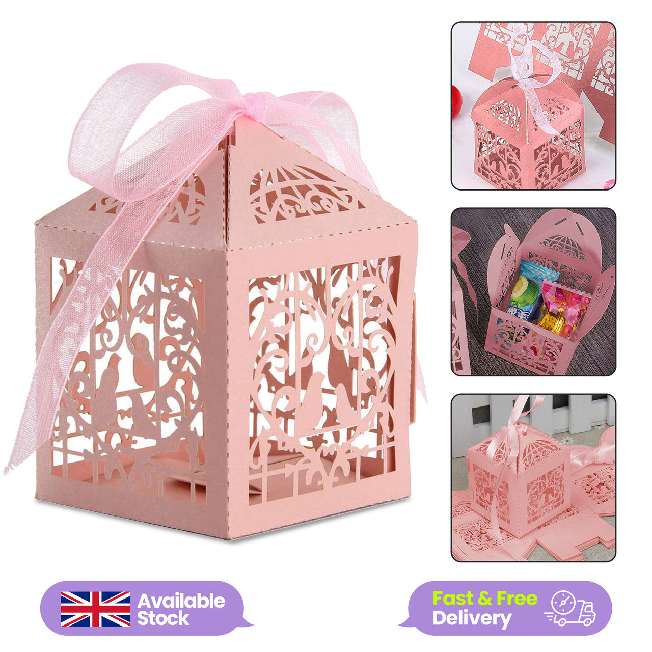 50x Laser Cut Love Heart & Doves Favours Box with Organza Ribbon - Pink