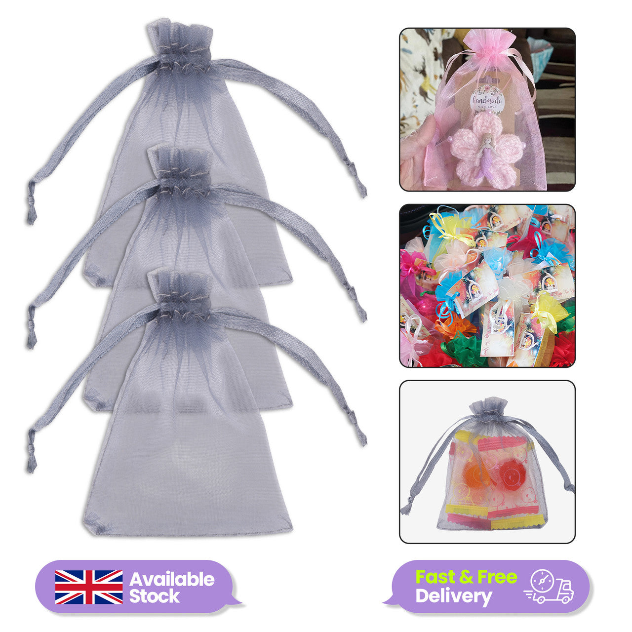Organza Bags - 7cm x 9cm - 100pcs - Grey