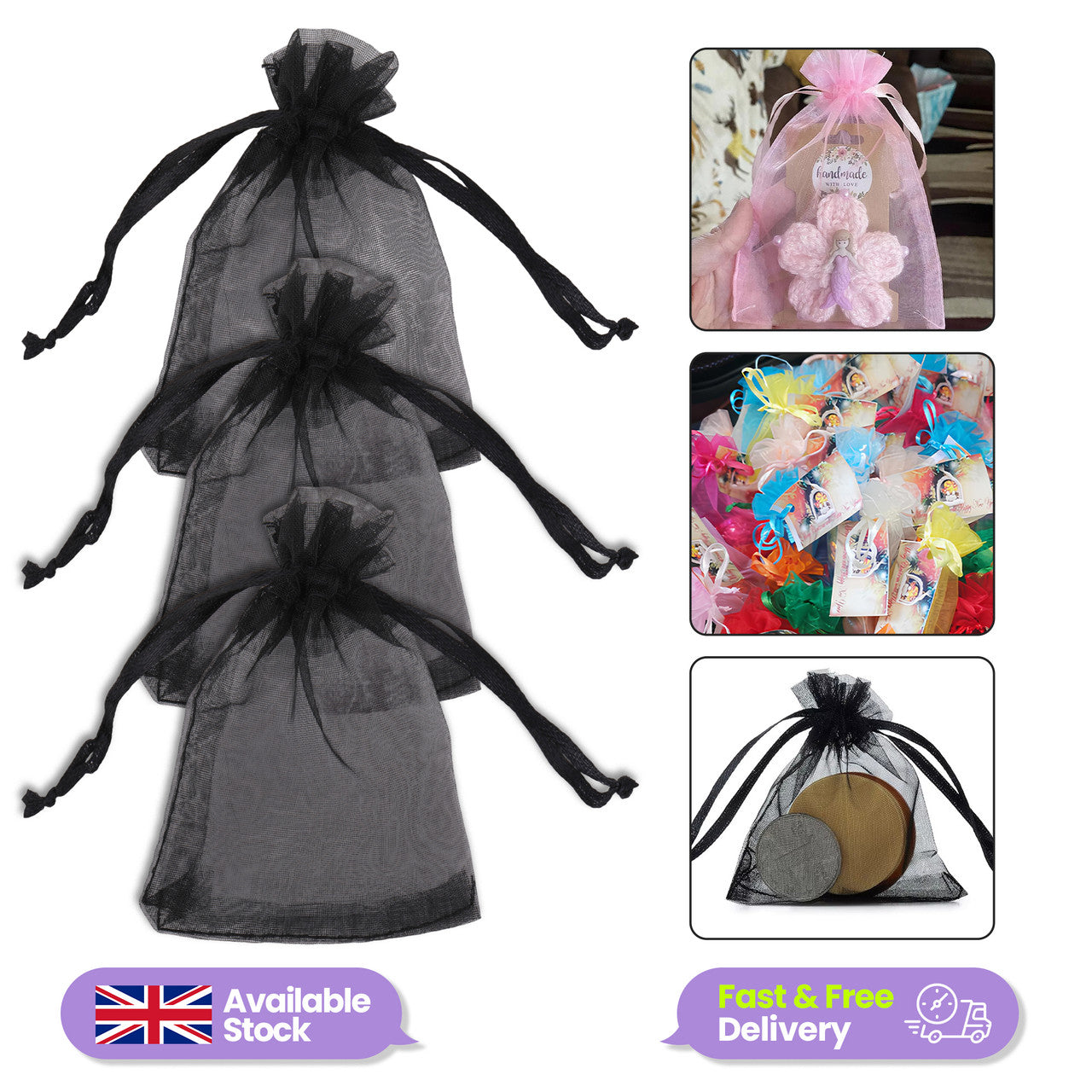 Organza Bags - 7cm x 9cm - 100pcs - Black