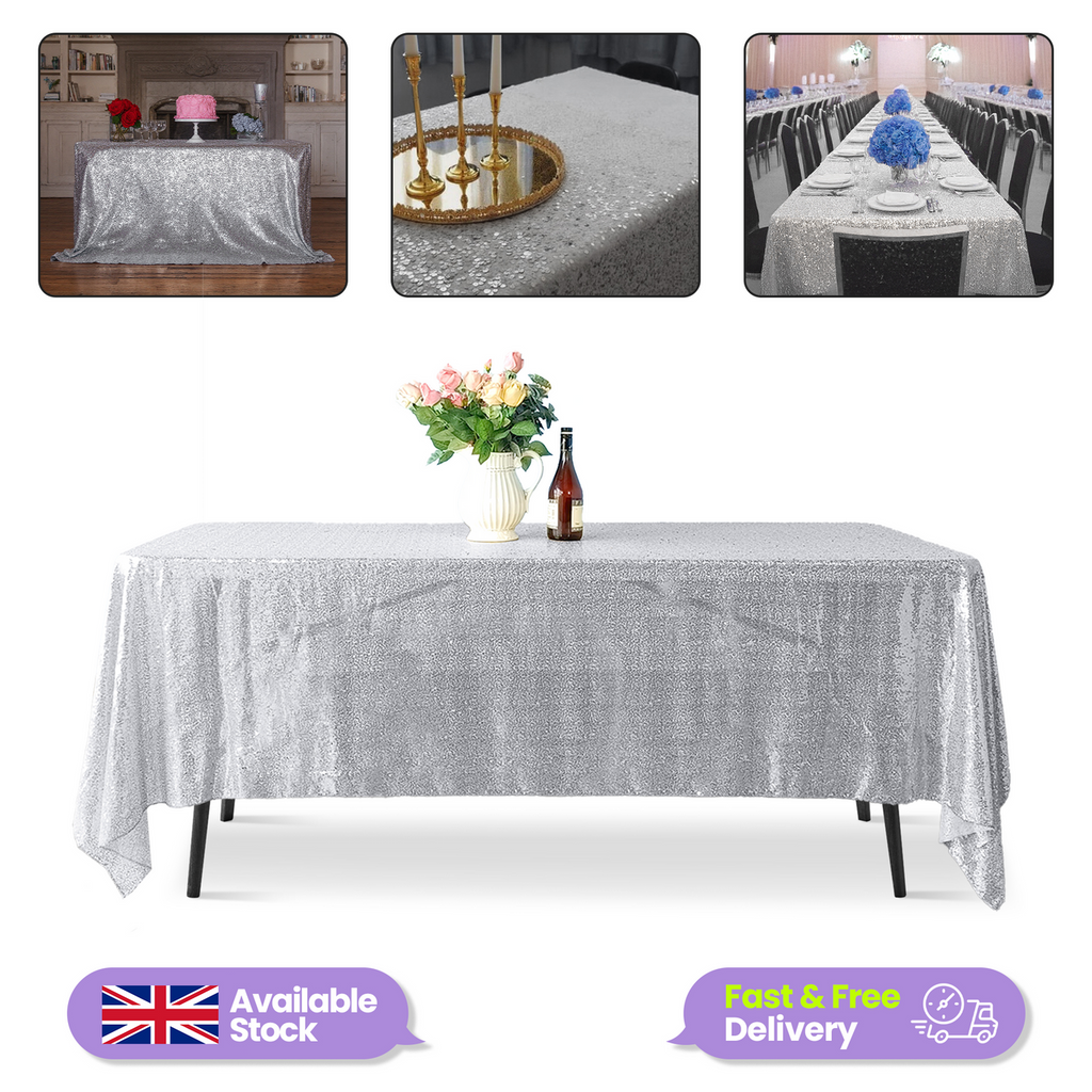 Sequin Rectangle Sparkly Tablecloth - Silver