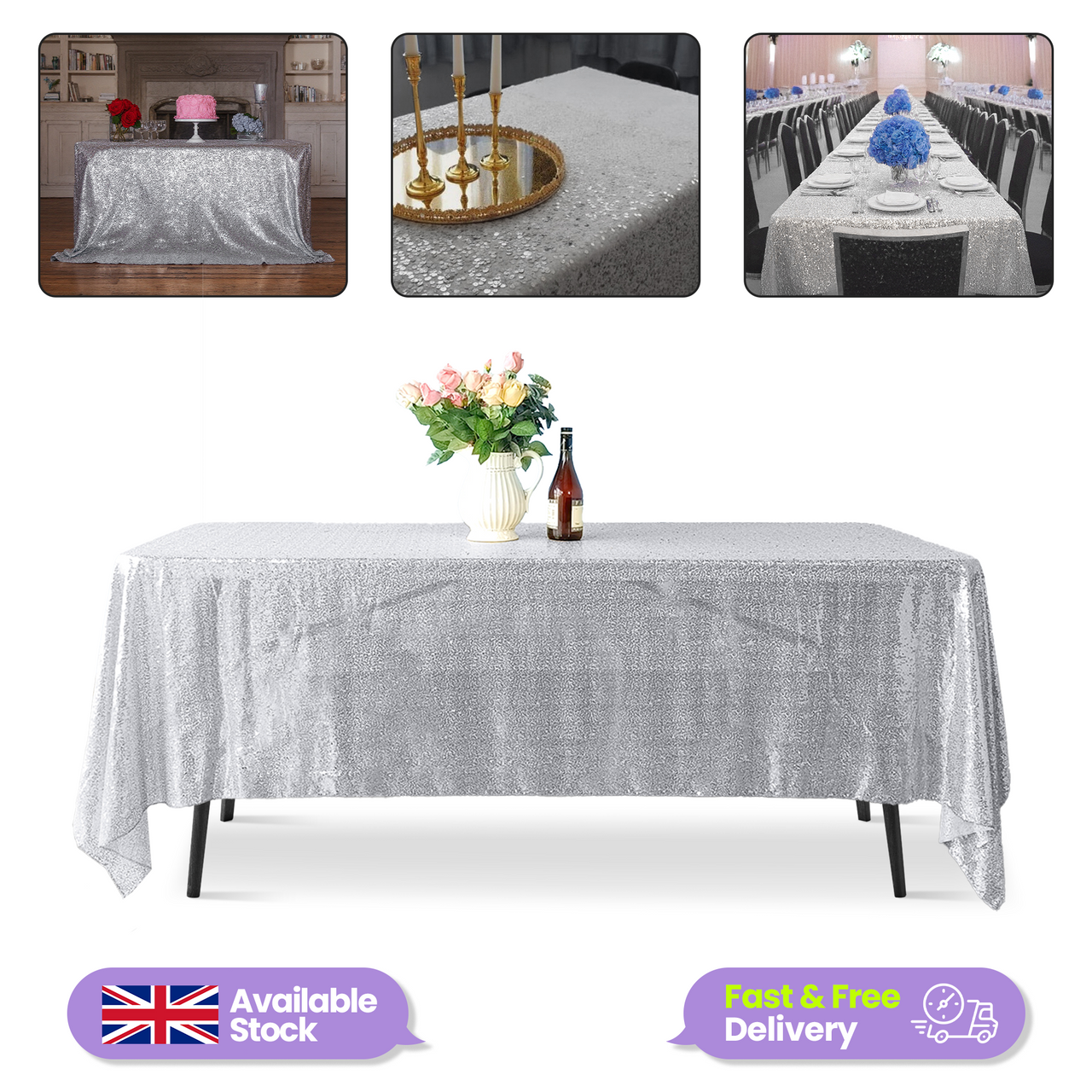 Sequin Rectangle Sparkly Tablecloth - Silver