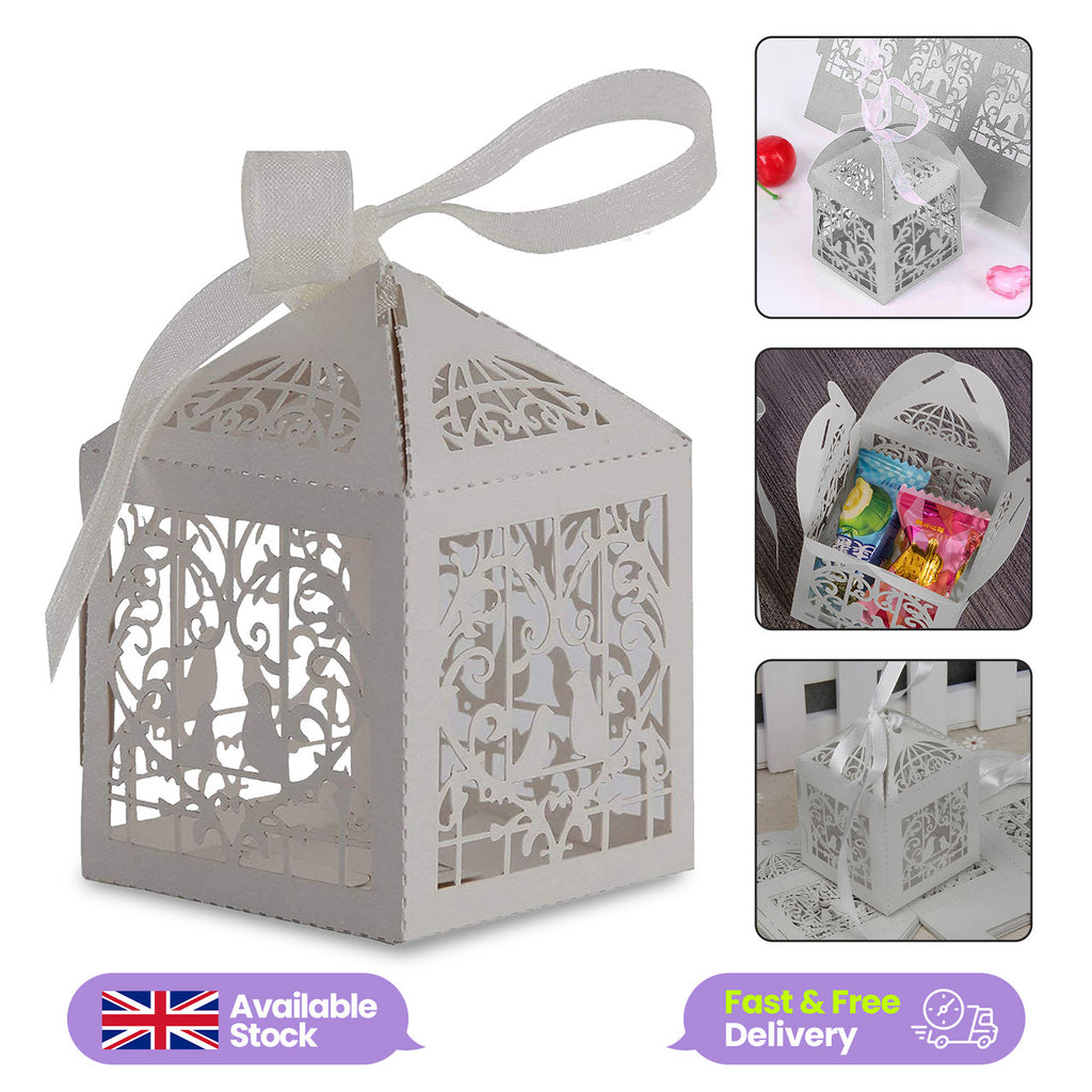 50x Laser Cut Love Heart & Doves Favours Box with Organza Ribbon - Silver