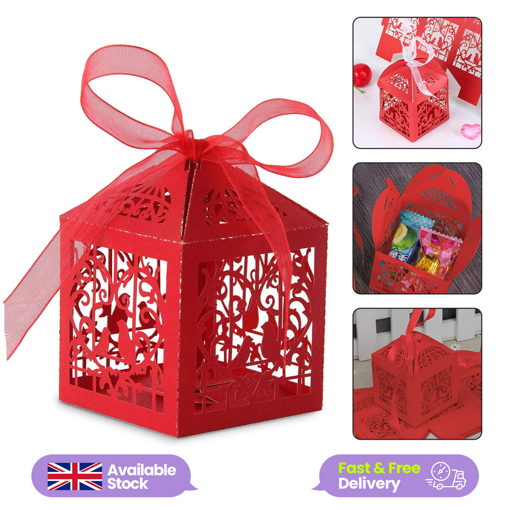 50x Laser Cut Love Heart & Doves Favours Box with Organza Ribbon - Red
